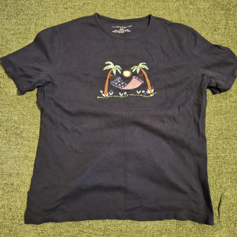 Navy Blue Mountain Lake embroidered t-shirt with American flag design